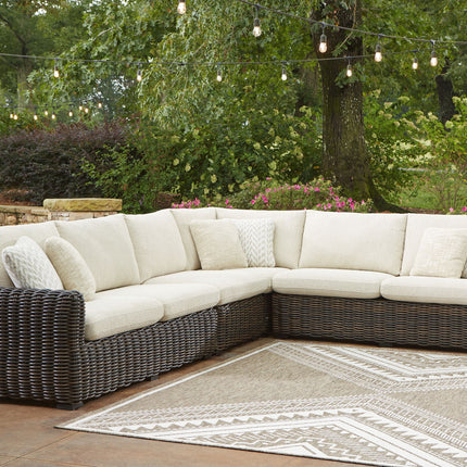 Kimora - 7 Pc. - 4-Piece Outdoor Sectional, Swivel Glider Lounge, Cocktail Table, End Table - Beige / Dark Brown