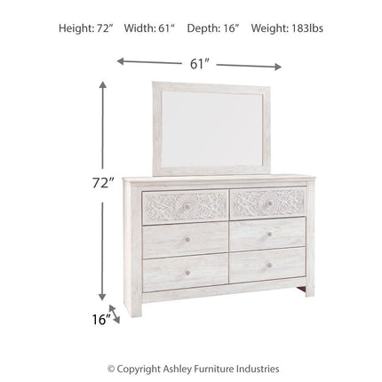Paxberry - Dresser, Mirror - Medallion Drawer Pulls - Whitewash