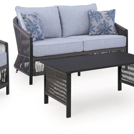 Bridges Beach - Loveseat, Lounge Chairs, Table Set (Set of 4) - Gray
