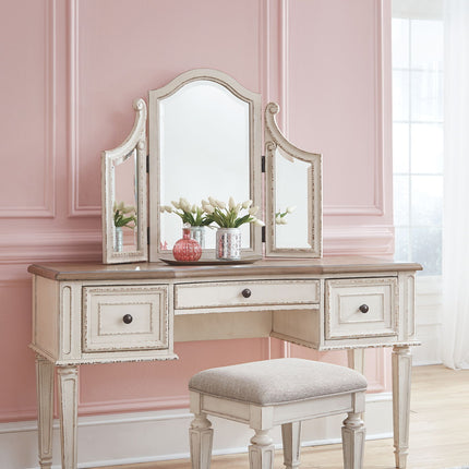 Realyn - Vanity/Mirror/Stool (Set of 3) - White / Brown / Beige