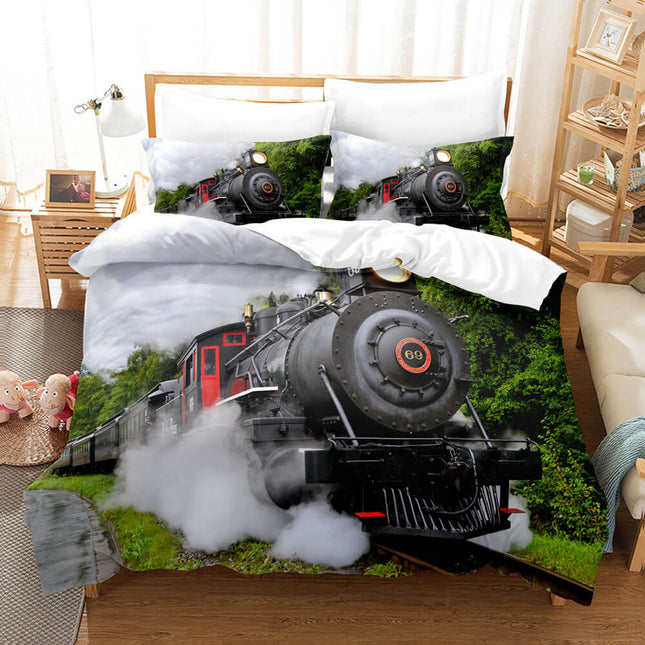 3 Piece Steam Engine Vintage Locomotive Bedding Set Duvet Covers Sets