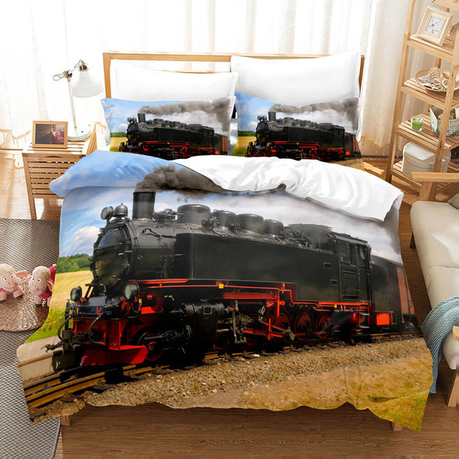 3 Piece Steam Engine Vintage Locomotive Bedding Set Duvet Covers Sets