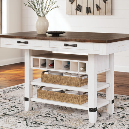 Valebeck - Rect Dining Room Counter Table With Wine Rack - White / Brown