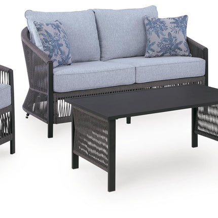 Bridges Beach - Loveseat, Lounge Chairs, Table Set (Set of 4) - Gray