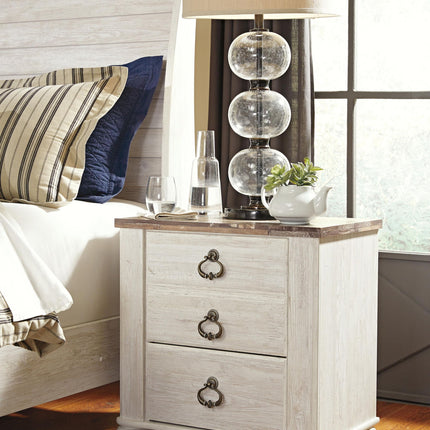 Willowton - Two Drawer Night Stand - Brown / Beige / White