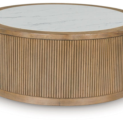 Camdill - Round Cocktail Table - Light Brown / White