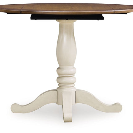 Wirloni - Round Dining Room Drop Leaf Table - Antique White / Brown
