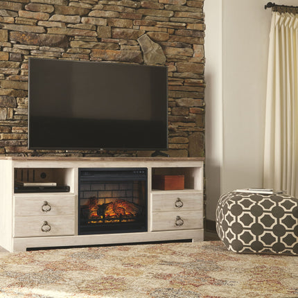 Willowton - 2 Pc. - 64" TV Stand with Faux Firebrick Fireplace Insert - Whitewash