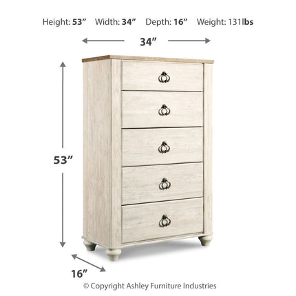 Willowton - Five Drawer Chest - Brown / Beige / White