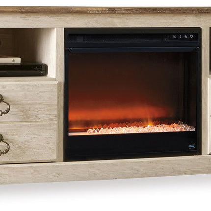 Willowton - 64" TV Stand With Glass/Stone Fireplace Insert - Whitewash