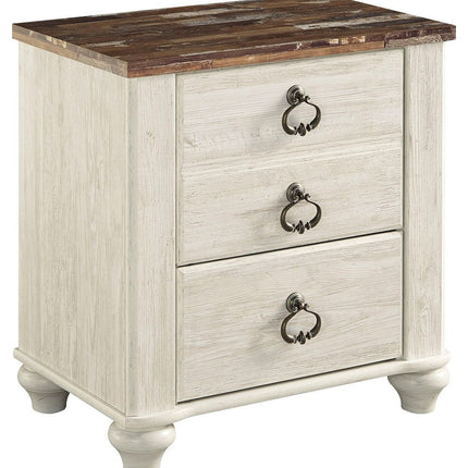 Willowton - Two Drawer Night Stand - Brown / Beige / White