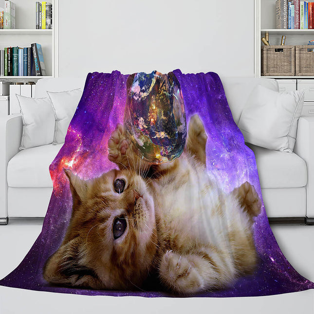 Space Cat Astronaut Cat In Space Flannel Fleece Blanket Nap Wrap Blanket