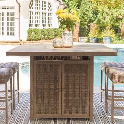 Walton Bridge - 5 Pc. - Square Bar Table W/Fire Pit, 4 Barstools - Driftwood