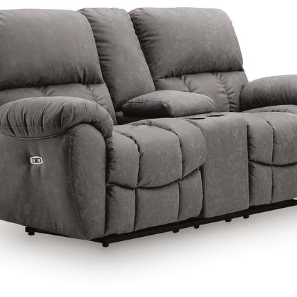 Bakerstein - Power Reclining Loveseat/Console/Adjustable Headrest - Galaxy