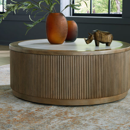 Camdill - Round Cocktail Table - Light Brown / White