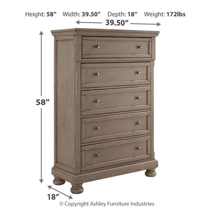 Lettner - Five Drawer Chest - 2-handles - Light Gray