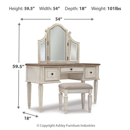Realyn - Vanity/Mirror/Stool (Set of 3) - White / Brown / Beige