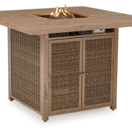 Walton Bridge - 5 Pc. - Square Bar Table W/Fire Pit, 4 Barstools - Driftwood