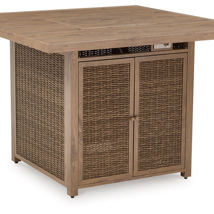Walton Bridge - 5 Pc. - Square Bar Table W/Fire Pit, 4 Barstools - Driftwood