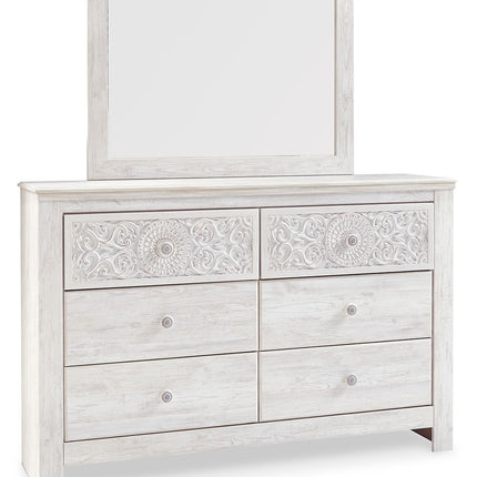 Paxberry - Dresser, Mirror - Medallion Drawer Pulls - Whitewash