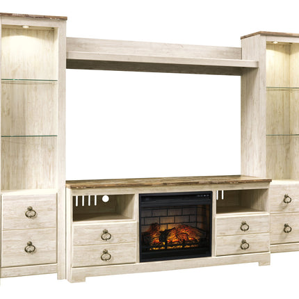Willowton - Entertainment Center - TV Stand With Faux Firebrick Fireplace Insert - Whitewash