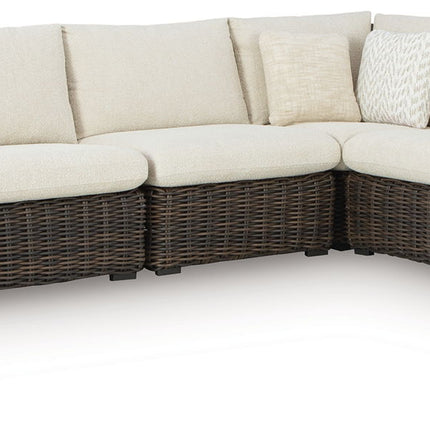 Kimora - 7 Pc. - 4-Piece Outdoor Sectional, Swivel Glider Lounge, Cocktail Table, End Table - Beige / Dark Brown